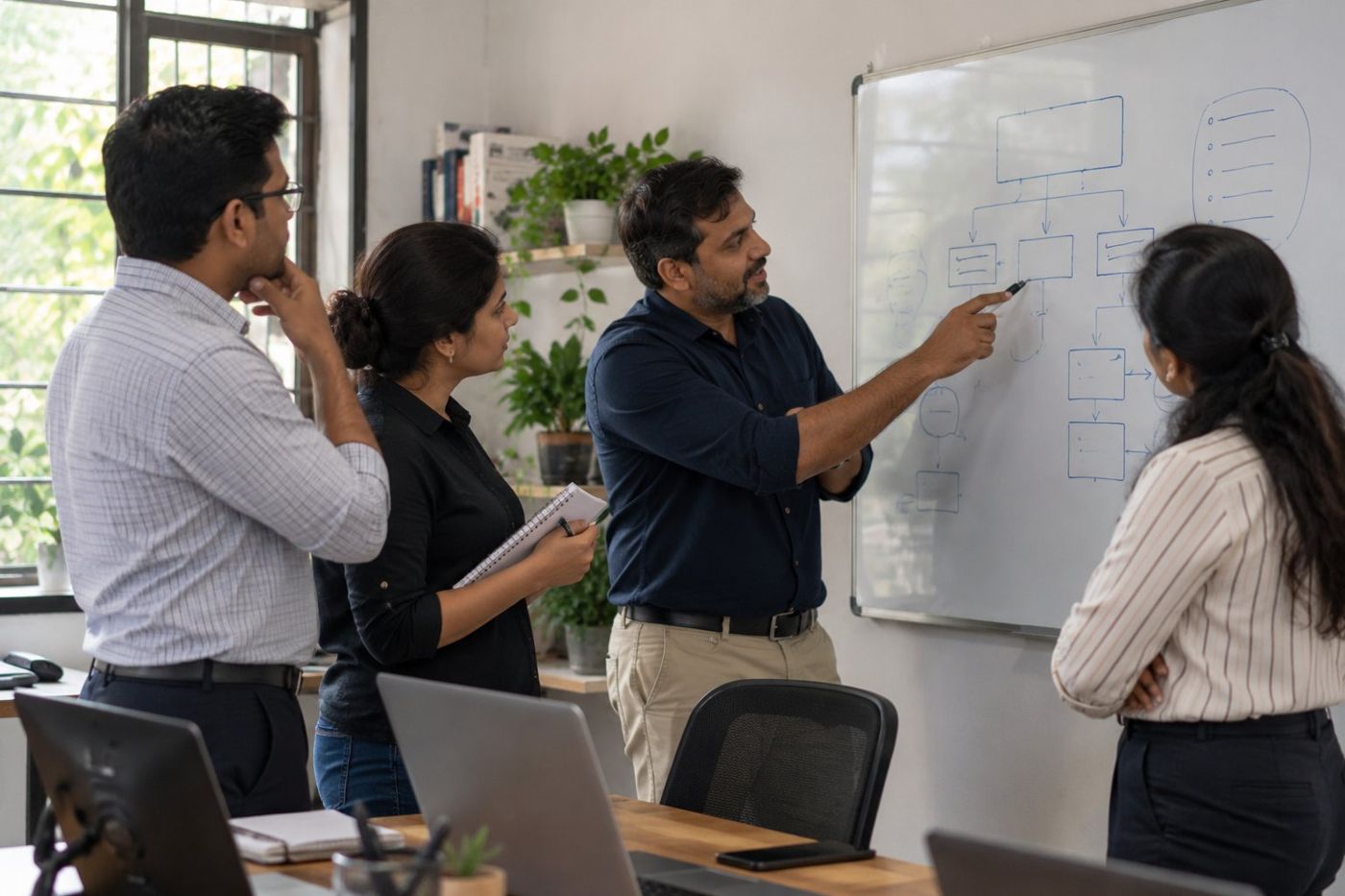 An owner explaining a process chart on a whiteboard to three team members