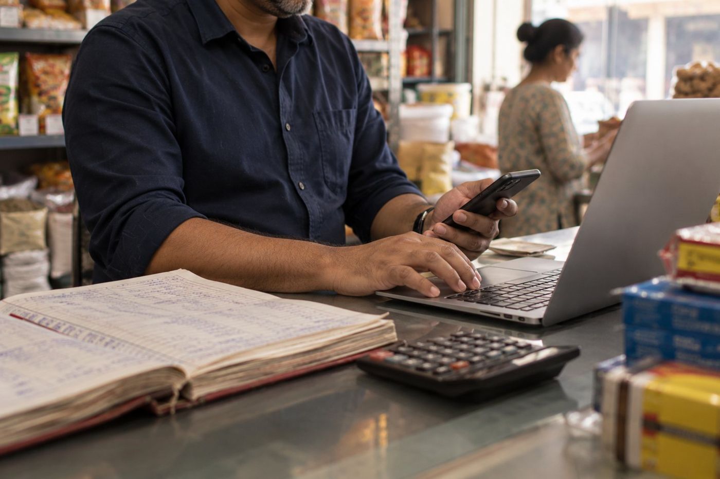 A shopkeeper using a phone and laptop at the counter, with a paper register pushed aside
