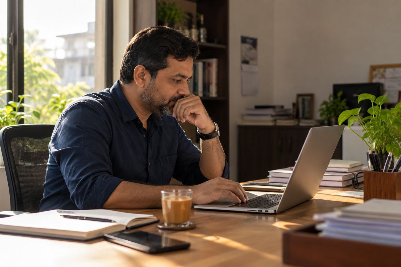 An owner reviewing his laptop in the morning with a glass of chai on the desk
