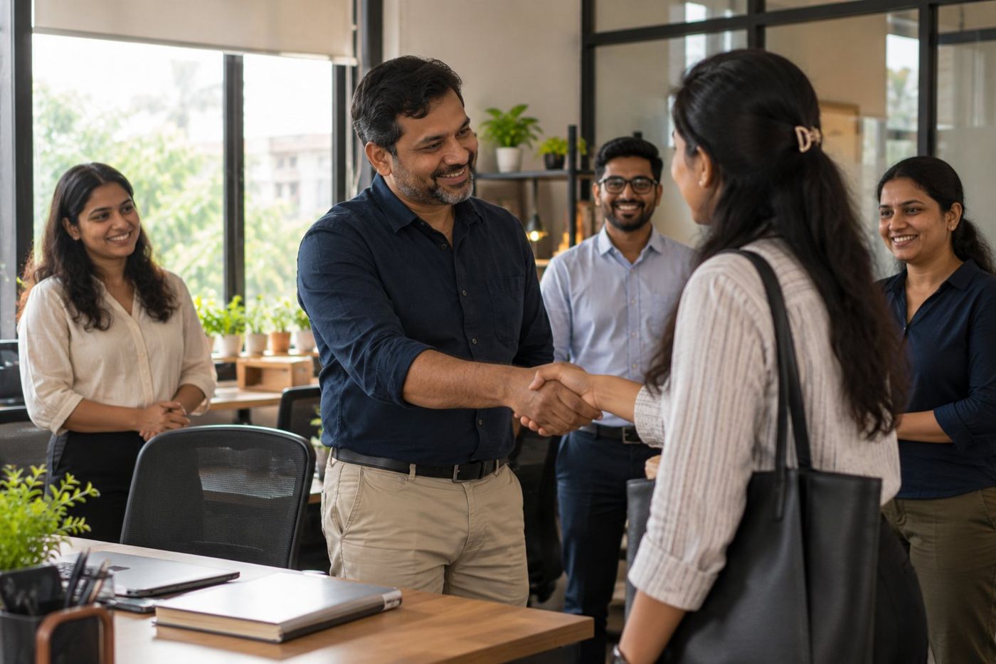 An owner welcoming a new team member with a handshake while colleagues smile