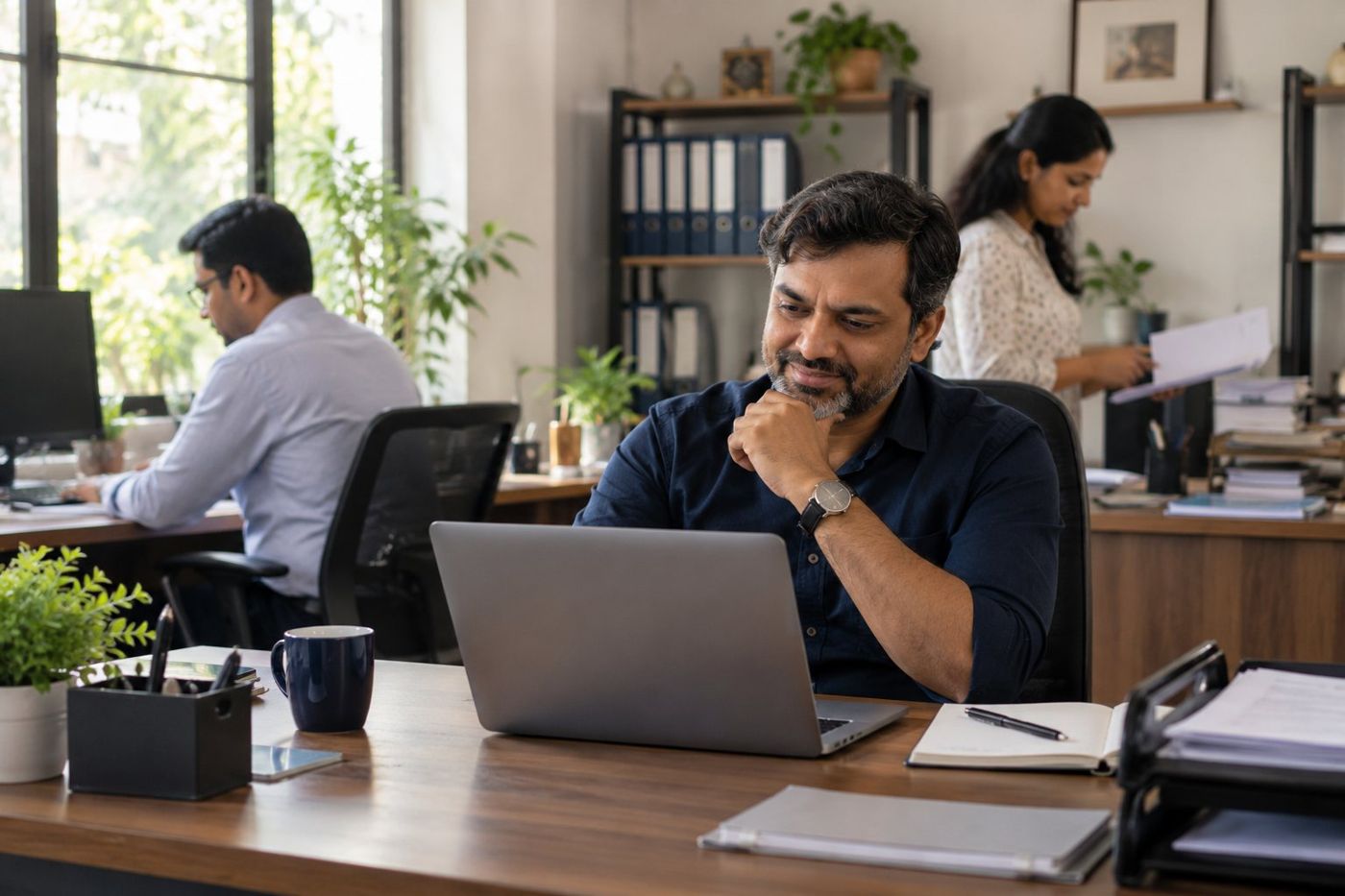 The same owner relaxed at a tidy desk with a laptop while the team works behind him