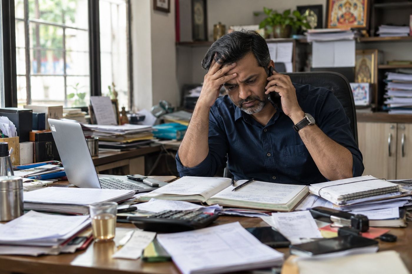 A business owner on the phone at a desk covered in registers and loose papers